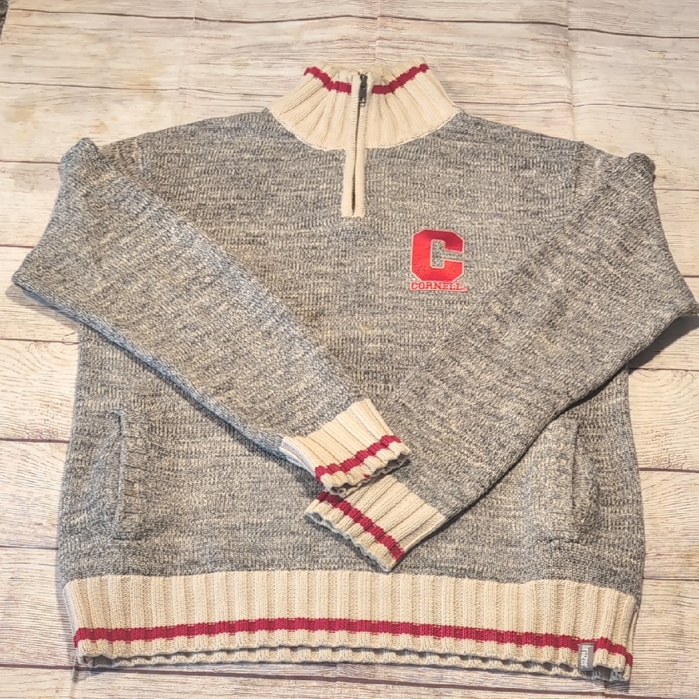 bruzer Cornell University Men's 1/4 Zip Gray Tan & Red Sweater Size L